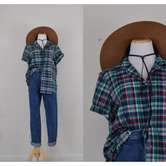 Vintage 90s Plaid Button Down Blouse‎ - Picture 1 of 9